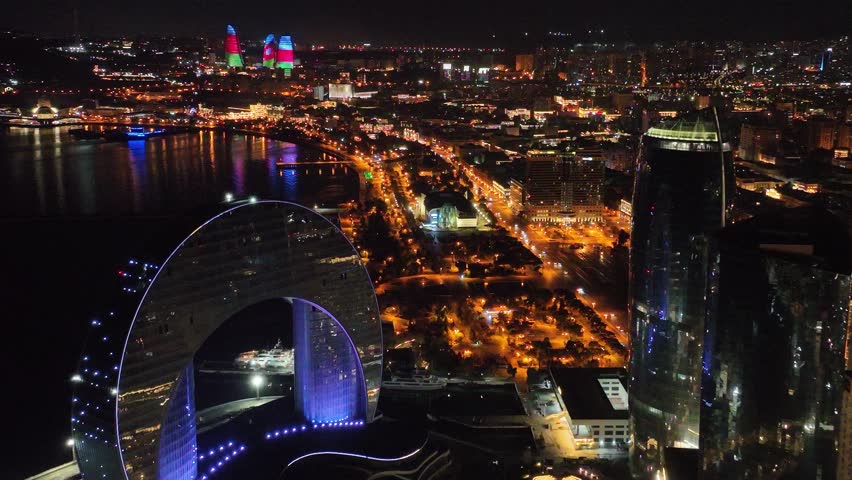 Drone Footage: Dazzling Lights of Baku - Crescent City and Flame Towers


