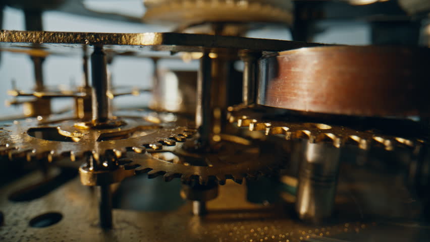 Internal cogs shifting inside clock compact mechanism on tabletop closeup. Macro view brass structure functioning in calculated precision. Metal timepiece gears wheels rotating. Time mechanism concept