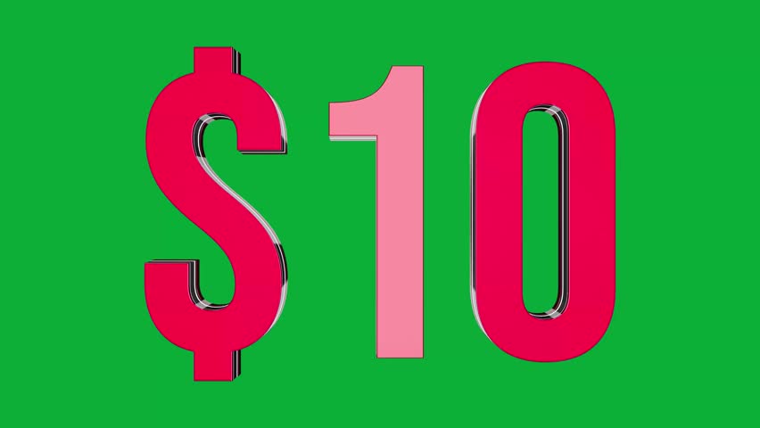 3D 10 dollars text rotation on green screen for financial motion graphic element