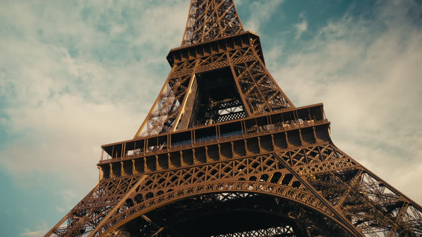 Close-Up View of Eiffel Tower Against Blue Sky in Paris, France
