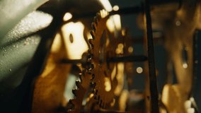 Macro view clock cogs rotating inside vintage mechanism at sunlight. Closeup metal wheels spinning making old timepiece work. Intricate details classic watch ticking with precision measuring time - Powered by Shutterstock - Get 15% off with code: PIKWIZARD15