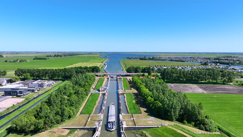 Aerial video from the Princess Margriet sluice near Lemmer in Friesland the Netherlands