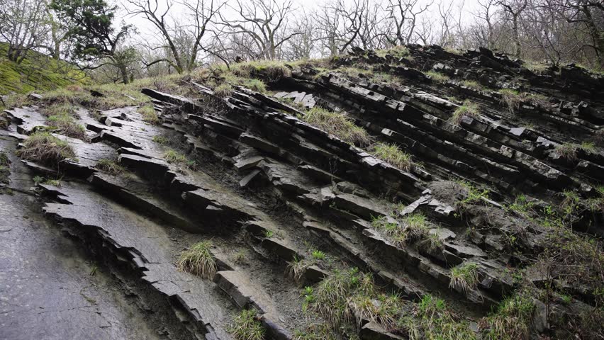 Close Up Of Layered Striated Rock Formation Along Riverside Bank