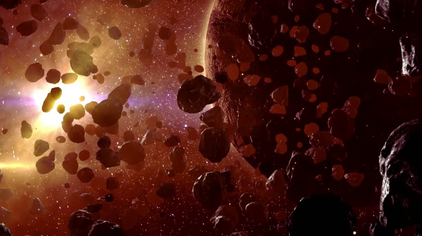 International Day of Asteroid – Asteroid Field Hovering Near Dead Planet Against the Sun in Outer Space | Sci-Fi Space Scene