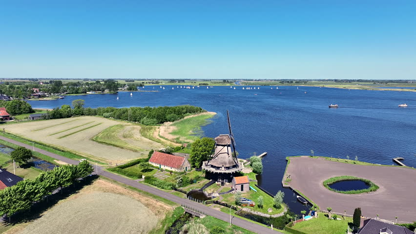 Aerial from an ancient windmill at Langweer in Friesland the Netherlands