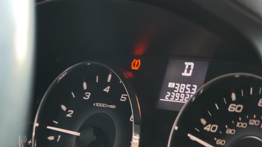 Closeup of car dashboard with illuminated brake warning light