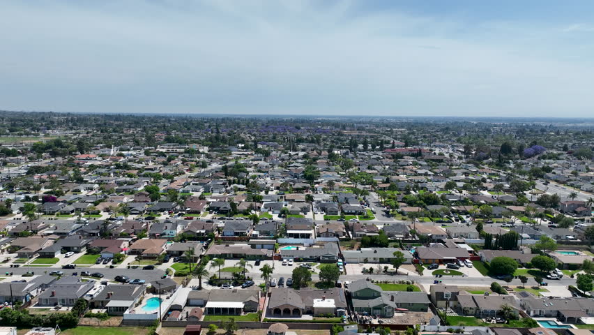 Day time aerial view of the Uptown area of Whittier with house and street, California, USA