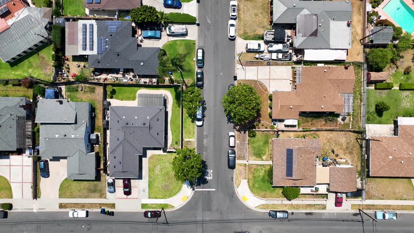 Day time aerial view of the Uptown area of Whittier with house and street, California, USA