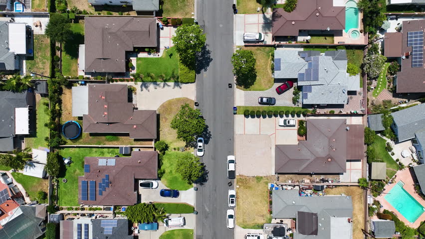 Day time aerial top view of the Uptown area of Whittier with house and street, California, USA