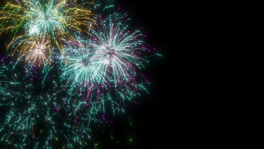 Looping offset colorful fireworks display over black background. Digital animation. 4K.