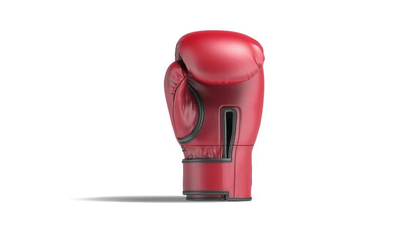 Blank red single boxing glove, 4k, looped rotation, 3d rendering. Empty turning leather boxing gear for champion uniform, isolated on white background. Sport protection activewear. 3D Illustration