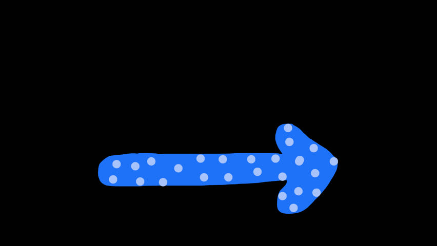 This is a motion graphic animation of a blue wiggly hand drawn dotted pointing arrow, on alpha transparent background, on loop.