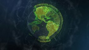 Rotating into view 3D globe showing neon-green outlines in digital void, with pulsing network nodes. Technology, innovation, connectivity, cyberspace, futuristic, digital network, data visualization - Powered by Shutterstock - Get 15% off with code: PIKWIZARD15