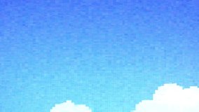 Expanding orange loading bar initiating pixel animation in sky, showcasing neon level-up graphic. Nostalgia, digital, geometric, vibrant, progression, gaming, futuristic - Powered by Shutterstock - Get 15% off with code: PIKWIZARD15