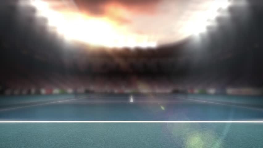 3D CLASH title fading in, rotating into view at twilight arena, with floodlights brightening. Stadium, competition, illumination, digital, sports, dynamic, energetic