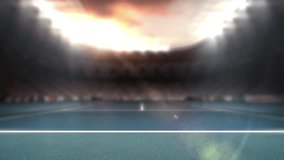 3D CLASH title fading in, rotating into view at twilight arena, with floodlights brightening. Stadium, competition, illumination, digital, sports, dynamic, energetic - Powered by Shutterstock - Get 15% off with code: PIKWIZARD15