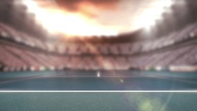 Sliding missing S completing 3D text SHOWDOWN at arena sunset, with lens-flare outlines. Stadium, arena, typography, branding, cinematic, futuristic, competition - Powered by Shutterstock - Get 15% off with code: PIKWIZARD15