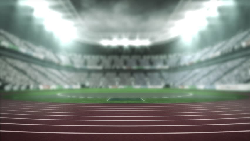 Fading in 3D text PLAYOFF over red track in stadium, sliding leftward with floodlights flickering. Stadium, nighttime, sports, motion, illumination, competition, excitement