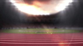 Opening shot of large 3D FACEOFF text sliding across stadium track under glowing floodlights. Stadium, athletics, sport, competition, arena, outdoor, illumination - Powered by Shutterstock - Get 15% off with code: PIKWIZARD15