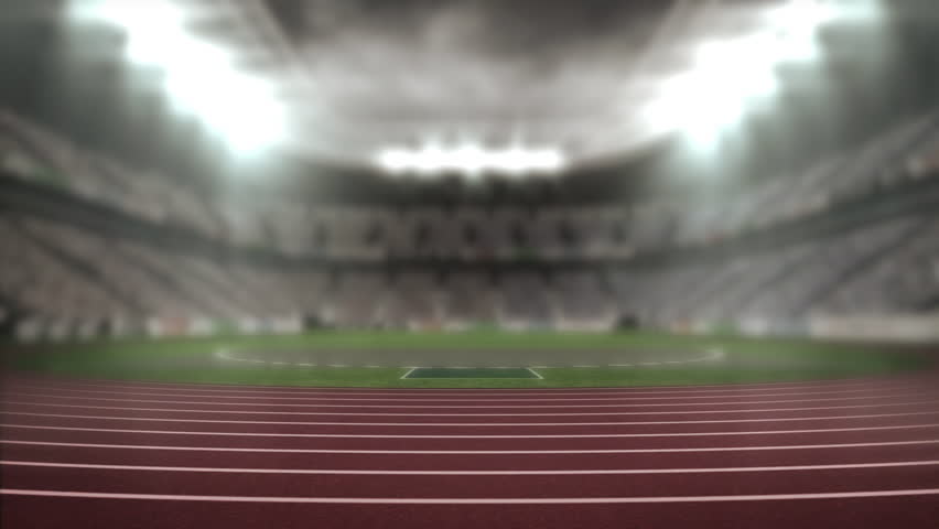 Fading metallic title text BLITZ appearing inside sports stadium, with red running track and lights. Stadium, athletics, competition, sport, performance, modern, energetic