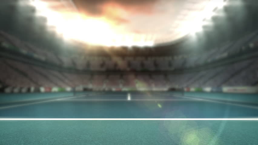 Opening shot showing metallic 3D text reading ECHO in stadium playing field under sunset sky. Stadium, outdoor, dramatic, ambient, modern, functional, event