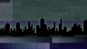 Rising black city skyline over grid floor, pulsing neon green scanning lines flickering glitch bars. Urban, cyberpunk, futuristic, digital, abstract, neon, tech - Powered by Shutterstock - Get 15% off with code: PIKWIZARD15