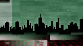 Animating neon SCORE over red grid, with red green diamond outlines, glitch flickering skyline. Futuristic, digital, cyberpunk, neon, glitch, urban, technology - Powered by Shutterstock - Get 15% off with code: PIKWIZARD15