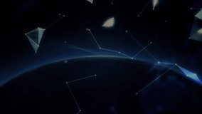 Cosmic horizon emerging and nodes drifting as flare rising shell forming around rotating globe. Futuristic, technology, abstract, digital, network, space, geometric - Powered by Shutterstock - Get 15% off with code: PIKWIZARD15