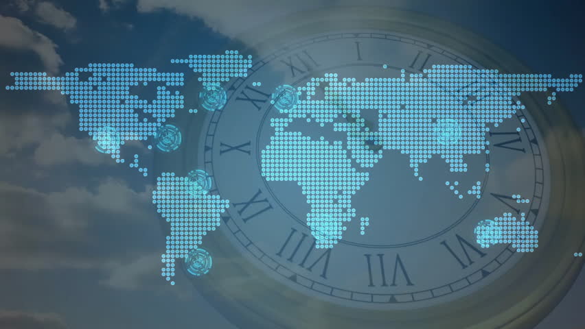 Opening on world map over analog clock face nodes fading in linking continents showcasing network. Global connectivity, digital network, technology, communication, innovation, abstract, futuristic - Powered by Shutterstock - Get 15% off with code: PIKWIZARD15