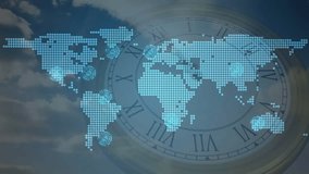 Opening on world map over analog clock face nodes fading in linking continents showcasing network. Global connectivity, digital network, technology, communication, innovation, abstract, futuristic - Powered by Shutterstock - Get 15% off with code: PIKWIZARD15