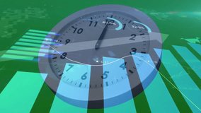 On data update, analog clock hands rotating with pulsing bars and sweeping graph visualizing data. Analytics, visualization, dashboard, finance, technology, insight, modern - Powered by Shutterstock - Get 15% off with code: PIKWIZARD15