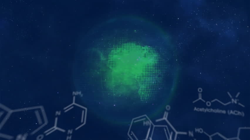 Green glow rising triggers green lines spiraling into brain sketch scrolling code showing molecules. Biotech, neuroscience, digital, abstract, innovation, science, technology