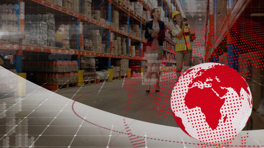 Digital hex-data rotating globe revealing warehouse as team scanning shelves using tablet. Technology, logistics, supplychain, industrial, teamwork, inventory, dataanalysis