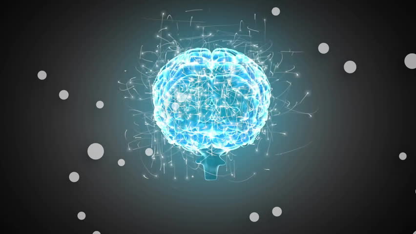 Upon starting, 3D brain hologram appearing, rotating with tracing pulses showing neural data flow. Futuristic, digital, innovation, technology, abstract, neural, cyber