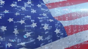 Digital grid streaming across American flag rippling under pulsing lens flare highlighting shimmer. Patriotism, digital, technology, motion, abstract, modern, dynamic - Powered by Shutterstock - Get 15% off with code: PIKWIZARD15