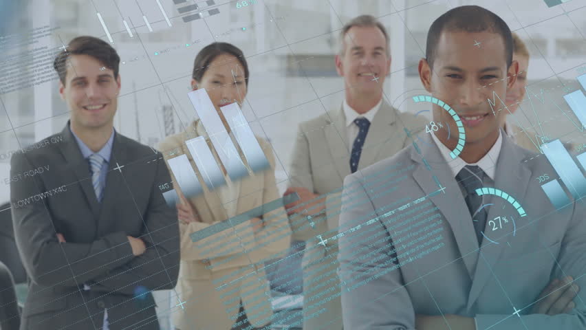 Business professionals posing crossed arms in lobby activating holographic charts presenting data. Corporate, analytics, futuristic, teamwork, innovation, digital, finance