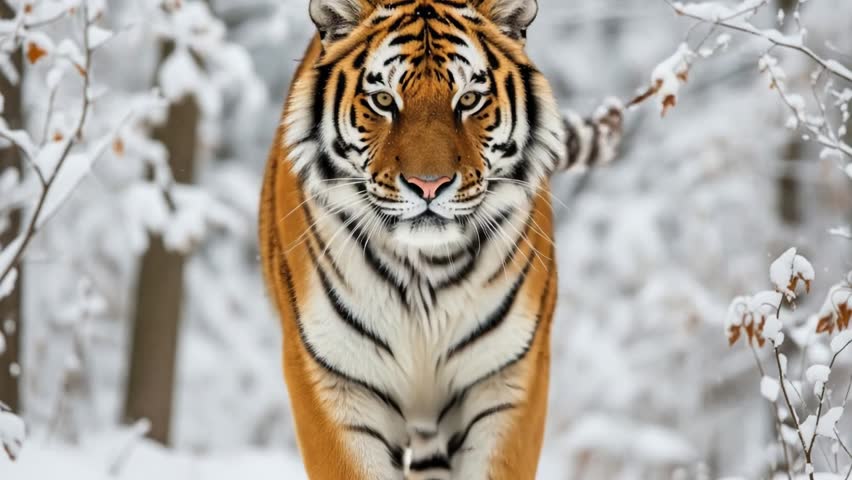 Siberian Tiger in Snow Looking at Camera.