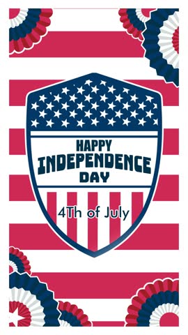 Looping vertical animation for Independence Day featuring a patriotic shield, star rosettes, and bold American flag stripes in clean flat style. Perfect for stories and mobile content.