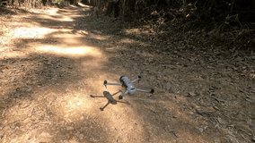 A drone gently lands on a sunlit dirt path in the Daintree Rainforest, surrounded by lush greenery and dappled sunlight - Powered by Shutterstock - Get 15% off with code: PIKWIZARD15