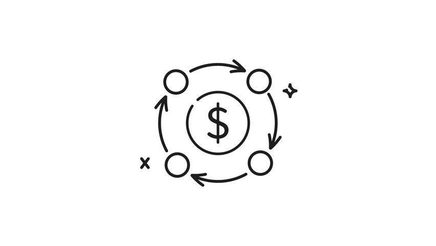 Cash flow line animation. Circular money flow diagram showing economic transactions and relationships between different entities. Suitable for finance presentations and educational materials.
