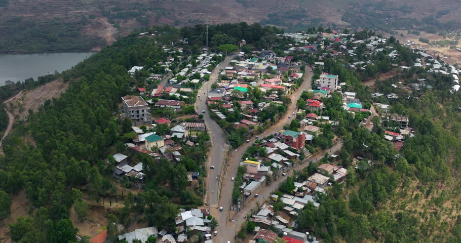 Hillside Houses And Road In Gondar City, Ethiopia. - aerial shot