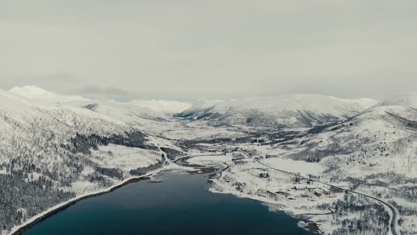 Coastal Winter Landscape Of Svolvaer Town In Vagan Municipality, Nordland County, Norway. Aerial Drone Shot
