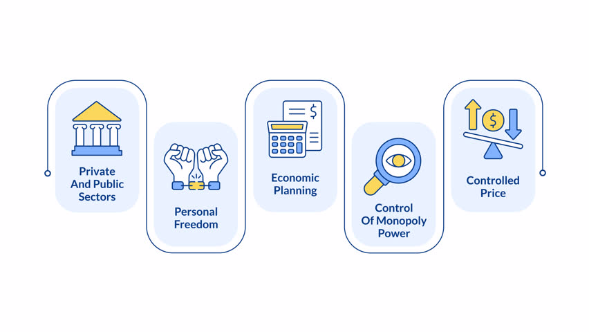 Mixed economy benefits rectangular steps infographic animation. Government control, entrepreneurship. Economics planning, finance. Modern flat icons workflow with animated flow path. HD video