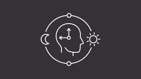Circadian health white line animation. Human head with biological clock animated icon. Optimize cognitive function for daytime. Isolated element on dark background. Alpha transparent video - Powered by Shutterstock - Get 15% off with code: PIKWIZARD15