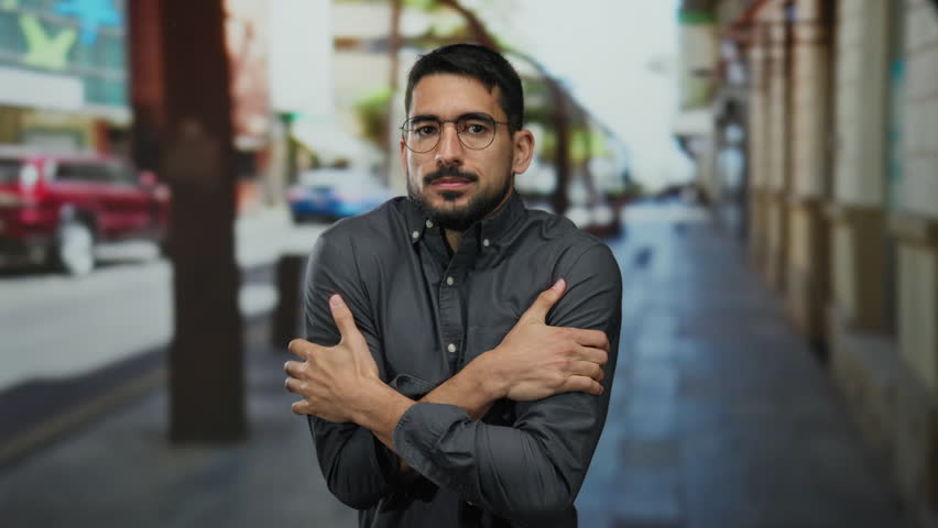 Young man standing on an urban street feeling cold, wearing glasses and a gray shirt, showcasing hispanic ethnicity against a city backdrop, expressing discomfort.