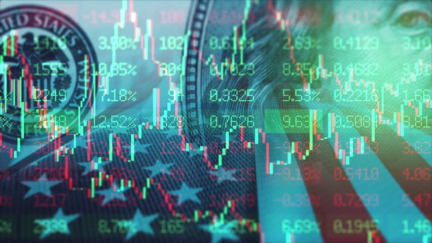 Stock market chart prices. Benjamin Franklin on the 100 dollars banknote background. Financial indexes candlestick graph. Investment analysis and currency exchange concept. American banks and economy