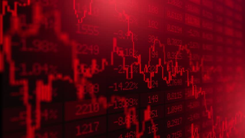 Red candles of the bearish stock market trading. Chart with falling prices. Exchange trading. Stop loss and liquidations. Decreasing trend and losses. Economic crisis. Recession and stocks crash