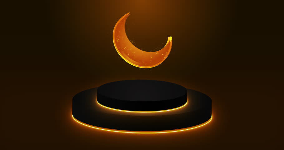 Beautiful Moon animation with glitter and Cylinder Podium in 4K.Islamic background in 4K.Futuristic glowing moon for Ramadan Kareem,Eid Al-Fitr,Eid Al-Adha,advertisements, and Social media.