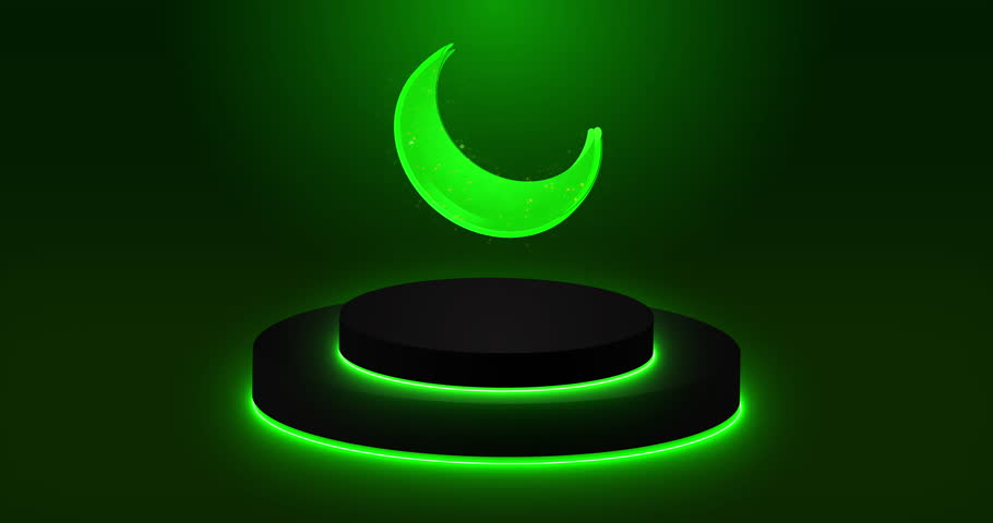 Beautiful Moon animation with glitter and Cylinder Podium in 4K.Islamic background in 4K.Futuristic glowing moon for Ramadan Kareem,Eid Al-Fitr,Eid Al-Adha,advertisements, and Social media.