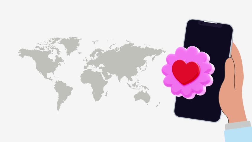 4K animation of a hand holding a smartphone with a swinging heart icon over a world map background on a clean white scene, perfect for social media or global connection themes. - Powered by Shutterstock - Get 15% off with code: PIKWIZARD15